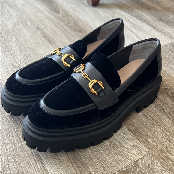 Stuart Weitzman Owen Ultra Lug Velvet Loafers Gold Buckles - Picture 3 of 9